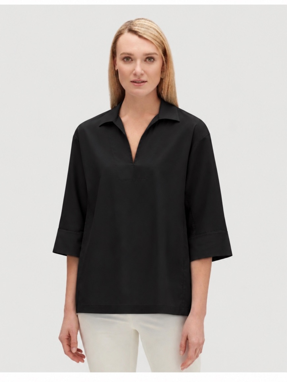 Lafayette 148 New York Black Collared Tunic Top Size L Cotton Nylon Minimalist
